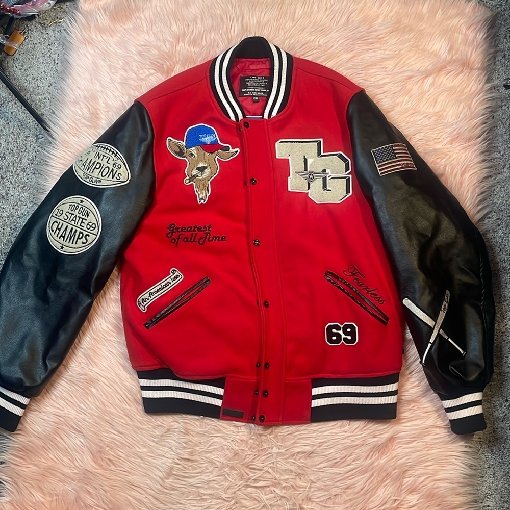 TOP GUN MEN'S GOAT BLACK/RED VARSITY JACKET SIZE 2X